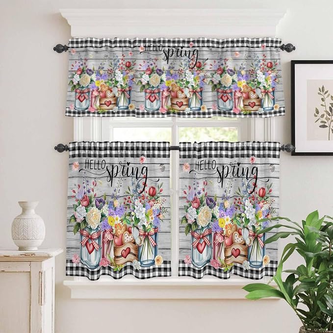 Kitchen Curtains Tiers and Valance Set of 3, Spring Flowers Light Filtering - Image 2
