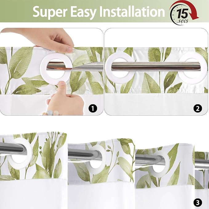 No Hook Shower Curtain and Liner Set, Beige Eucalyptus Floral Shower Curtains for Bathroom, Bath Curtain Sets with Snap in Liner, Waterproof with See Through Top Window, 71x74 Inches