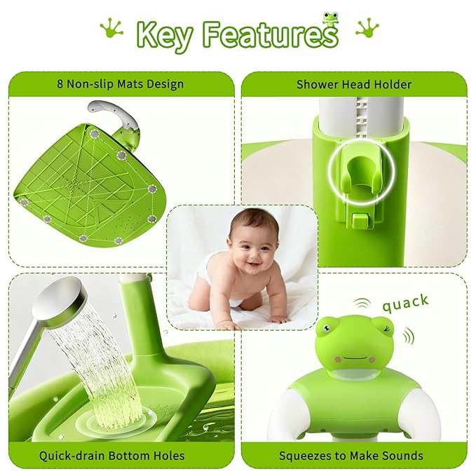 Baby Shower Stand Baby Bath Standing Support with Anti-Slip Soft Mat for 6-36 Months Adjustable Stable Easy Setup Press for Sounds Soporte para Bañera De Bebé Newborns Gift Fits Infants - Green Frog