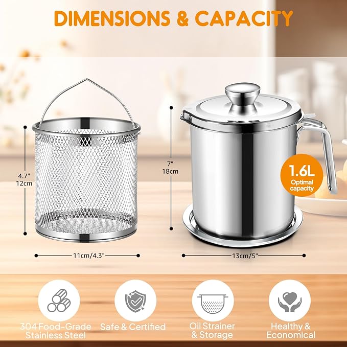 Chihee Grease Container Deep Fryer 2 in 1 Stainless Steel Bacon Grease Saver - Image 6