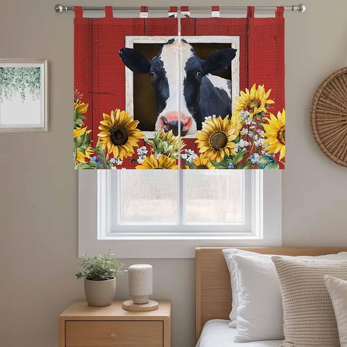 Cow Sunflowers Kitchen Curtains 45 Inch Length, Short Cafe Window Curtains Tab - Image 9