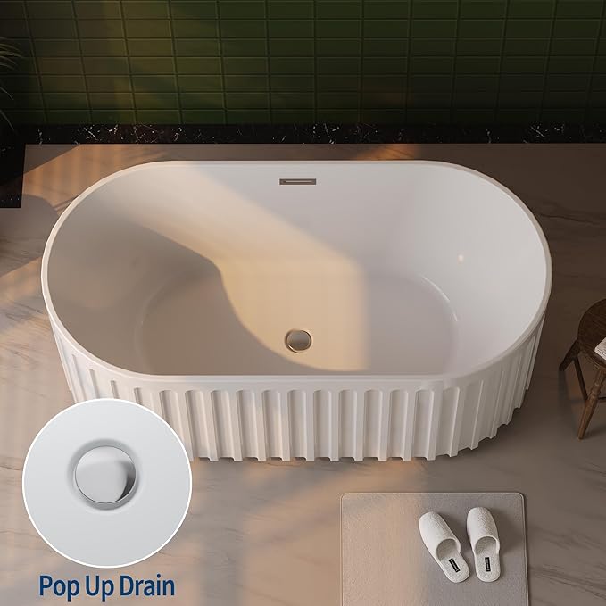 59"Acrylic Freestanding Bathtub, Modern Soaking Tub with Matte Drain and Overflow, Ergonomic Deep Design, Double-Walled Insulation, CUPC Certified, Easy Clean, Slip-Resistant