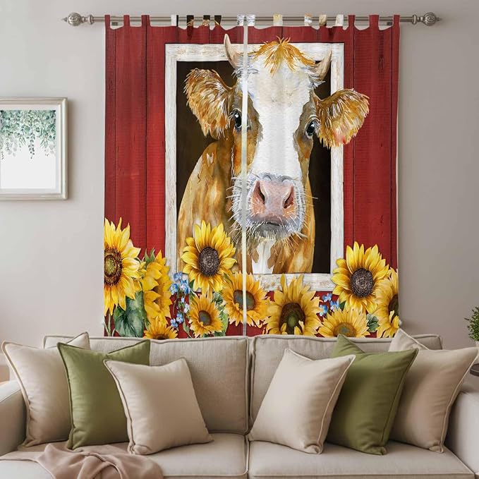 Cows Sunflowers Living Room Curtains 84 Inch Length, Window Curtains Tab Top - Image 3