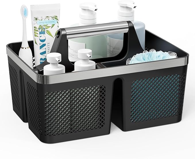 Black Shower Caddy Portable: Plastic Bathroom Caddy Organizer with Handle and Holes, Cleaning Caddy, Hard Shower Basket Storage Tote for Toiletry, College Dorm Room Essentials for Men