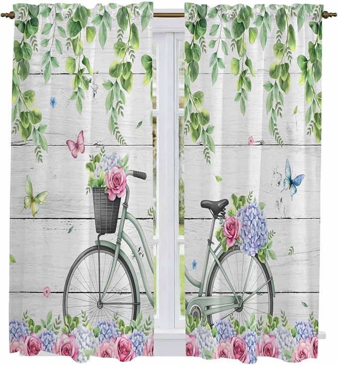 Spring Kitchen Curtains, Bicycles Botanical Rose Leaves Butterfly Wood Grain by Unknown