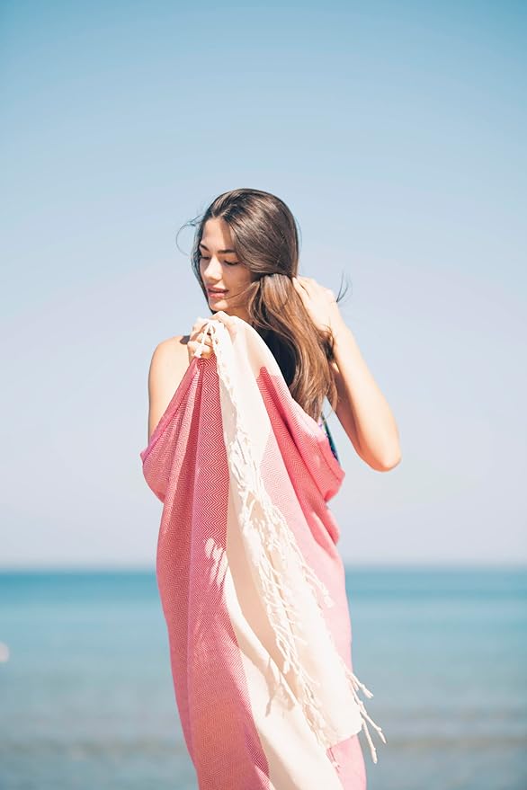 Bazaar Anatolia Turkish Beach Towel 100% Cotton Bath Towels 71x39 Quick Dry Sand Free Lightweight Large Oversized Herringbone Hot Pink Fuscia