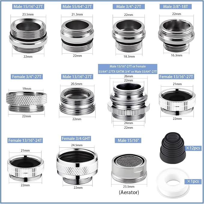 12 pcs Faucet Adapter Kit, CNYMANY Kitchen Aerator Adapter Set Male Female Sink - Image 2