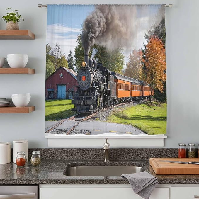 Steam Train Sheer Curtains 108 Inch Length Railroad Country Barn Rustic Trees - Image 8