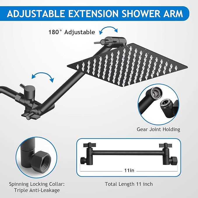 Shower Head Combo, 8 Inch High Pressure Rain with 11 Inch Adjustable Extension Arm and 5 Settings Handheld, Powerful Spray Against Low Water Pressure- Matte Black