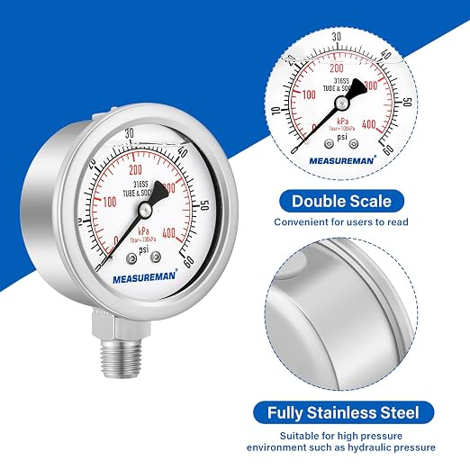 MEASUREMAN Fully Stainless Steel Hydraulic Glycerin Filled Pressure Gauge - Image 4