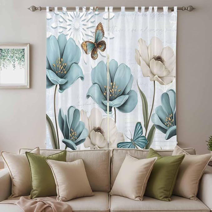 Blue Tulips Living Room Curtains 84 Inch Length, Window Curtains Tab Top - Image 3