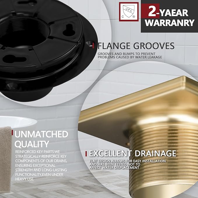 Uni-Green Champagne Bronze Shower Drain 4-1/4 Inch - Square Gold Shower Drain Kit with ABS Flange for 2" or 3" Pipe - Low Profile 304 Stainless Steel Shower Floor Drain Kit with Hair Carcher