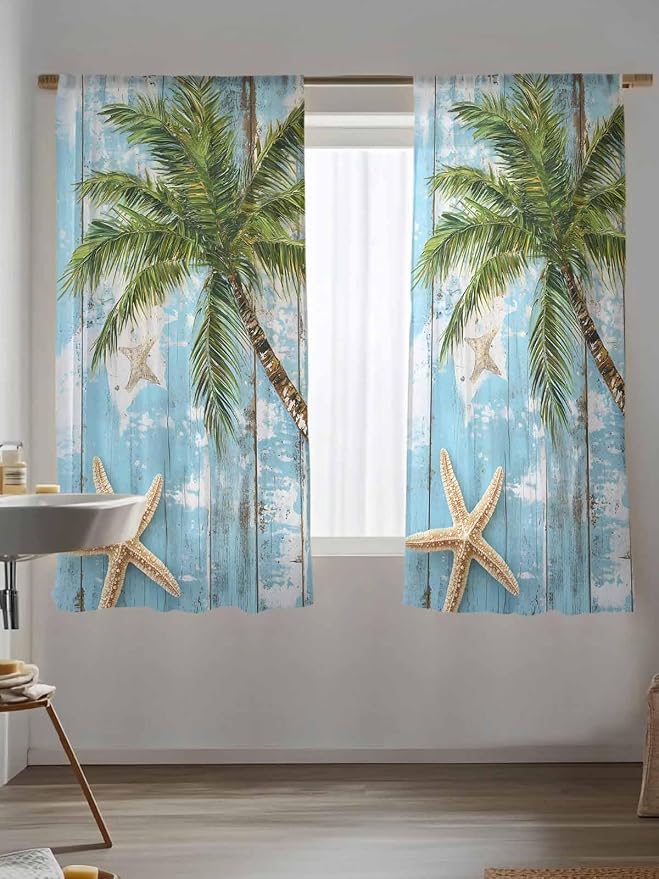 Sheer Curtains 63 Inch Length, Coastal Beach Blue Semi Sheer Curtains Light - Image 5