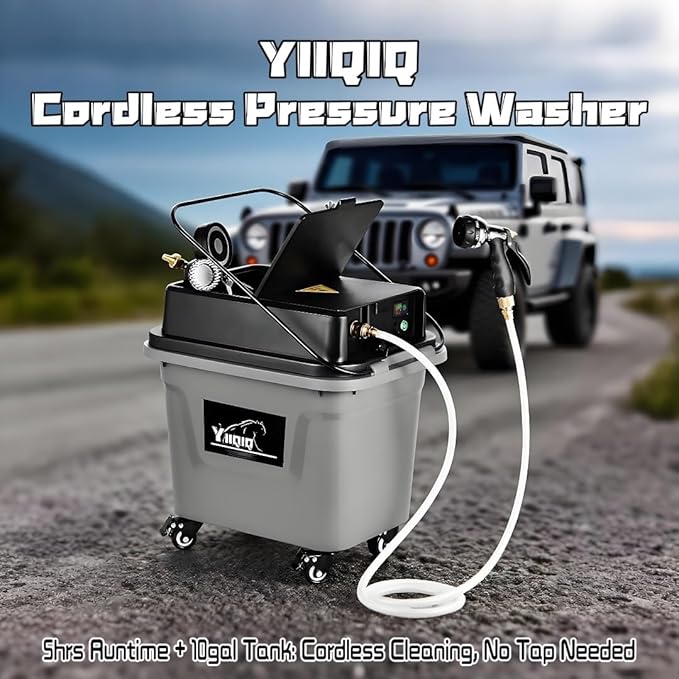 Cordless Portable Pressure Washer (Max 330PSI) - Self-Contained Camping Shower | 10Gal Tank, 5H Runtime, No Hose Needed | Multi-Use for Car Cleaning/Pet Bath/Garden Watering (Black)