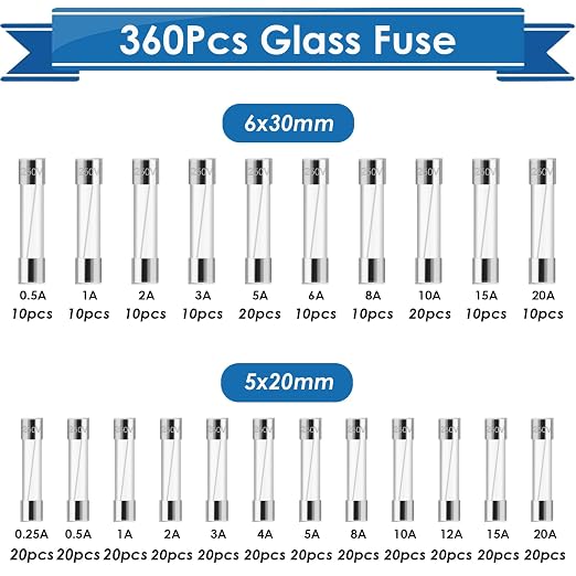 360pcs Fast Blow Glass Fuse Assortment Kit 22 Values Fuses Kit 0.5A 1A 2A 3A 5A - Image 3