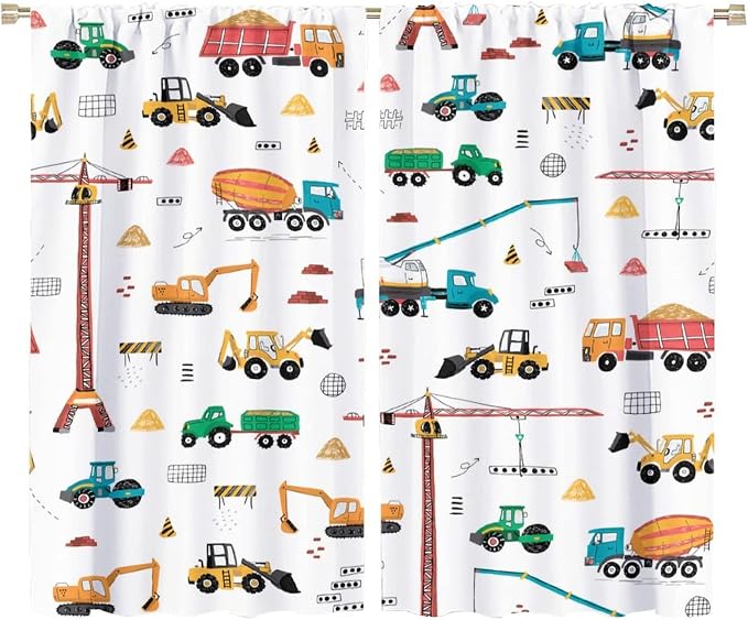 Construction Window Curtains, Kids Cartoon Construction Machines Building Hand by SHElifestyle