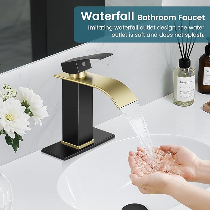 Bathroom Faucets Matte Black and Gold Waterfall Bathroom Sink Faucet Modern Single Handle Bathroom Faucet for 1 or 3 Hole Mxier Tap Washbasin Faucet with Deck, Pop-up Drain and Supply Hoses
