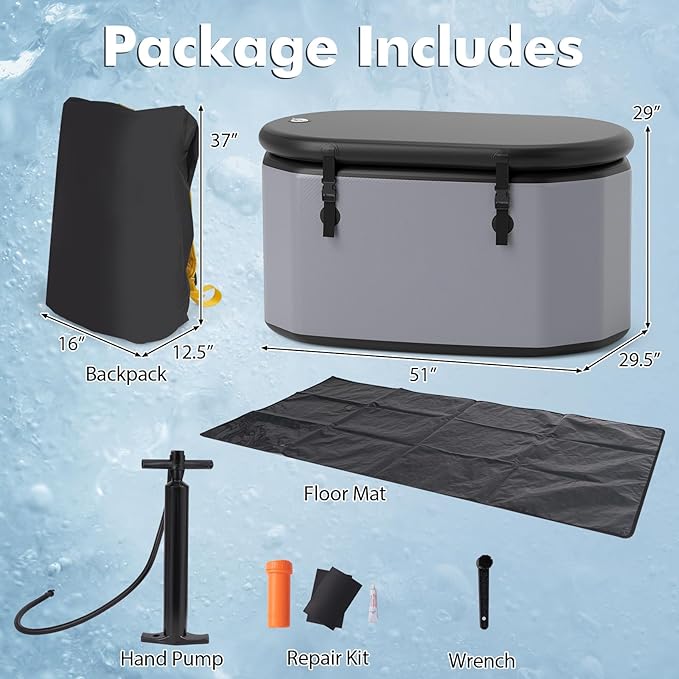 Goplus XL 129 Gal Oval Ice Bath Tub for Athletes, Inflatable Cold Plunge Tub w/Multiple Layered, Lid, Pump, Backpack, Water Chiller Compatible Portable Freestanding Ice Bath for Adults (Gray)