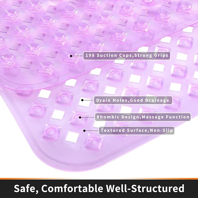 Yimobra Bathtub Mat Non Slip, Super Strong Suction Cups, 27.5"x15.5" Long Shower Mat with Drain Holes, Machine Washable Fast Draining Bath Mats, Bathroom Essentials,Clear Purple