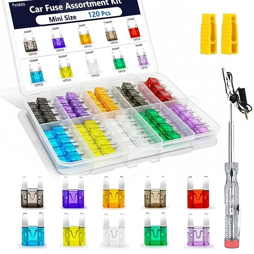 120Pcs Car Fuse Kit with Tester & Puller, Mini Car Fuses Assortment Kit – 12V by Auligex