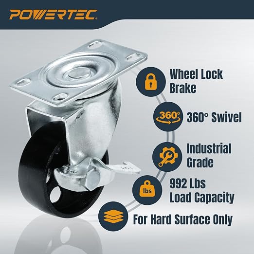POWERTEC 3 Inch Cast Iron Swivel Caster Wheels Set of 4, Heavy Duty 992 lbs - Image 3