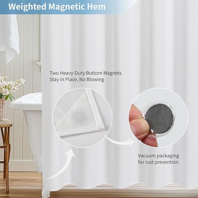 2-in-1 Waterproof Extra Long Fabric Shower Curtain or Liner,Linen Textured,96 Inch Breathable TPU & Washable Bathroom Shower Curtain Set with 12 Plastic Hooks,Modern,72"x96",White