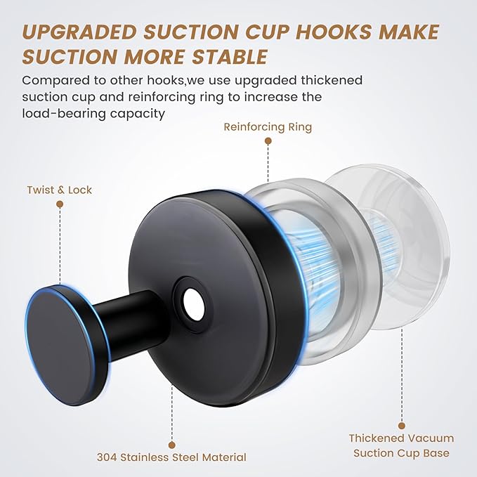 BKV Suction Cup Hooks for Glass Window,Removable Shower Hooks for Inside Shower,Metal Towel Hooks for Bathrooms,6 Pack(Black)