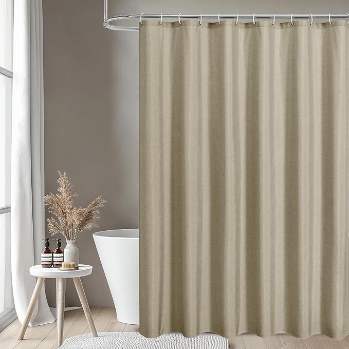 2-in-1 Waterproof Extra Long Fabric Shower Curtain or Liner,Linen Textured,84 Inch Breathable TPU & Washable Bathroom Shower Curtain Set with 12 Plastic Hooks,Modern,72"x84" Khaki