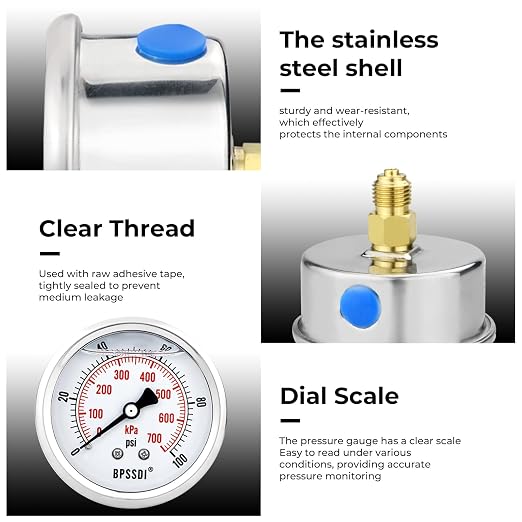 0-100Psi Glycerin Liquid Filled Low Pressure Gauge, 2.5" Dial Size, 1/4" G Back - Image 7