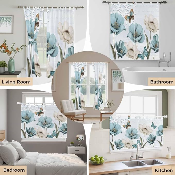 Blue Tulips Kitchen Curtains 36 Inch Length, Small Window Curtains Tab Top - Image 7