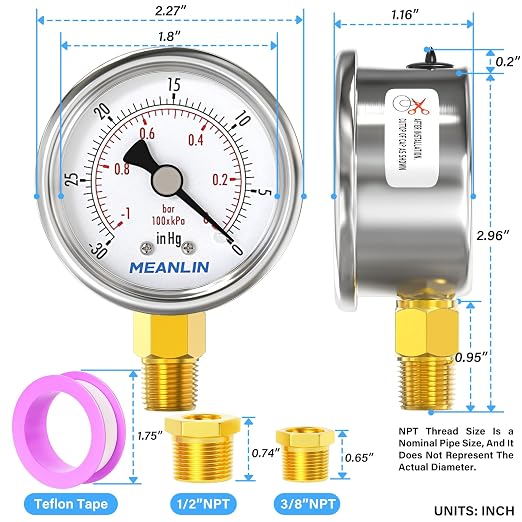 MEANLIN MEASURE -30inHG~0Psi Vacuum Gauge Stainless Steel 1/4" NPT 2" FACE DIAL - Image 2