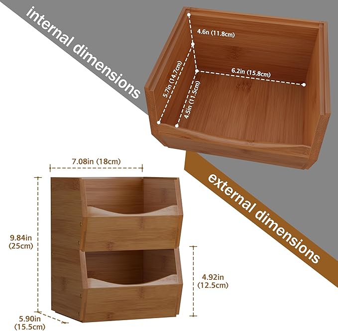 2 Set Open Front Small Stackable Storage Bins, Bamboo Stacking Storage Bins Snack Tea Bags Fruits Spices Countertop Storage, Rustic Organizer Bins for Pantry, Kitchen, Office, Bedroom (Small Walnut)
