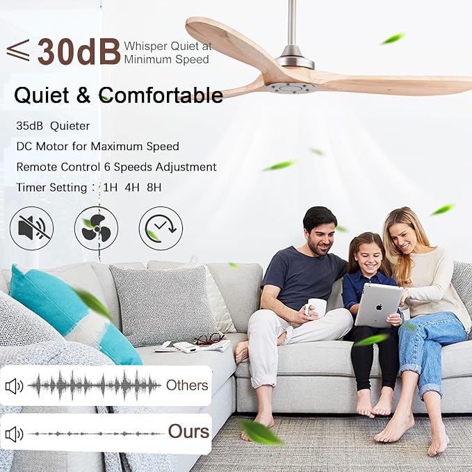 QUTWOB 52" Wood Ceiling Fan No Lights - Image 3