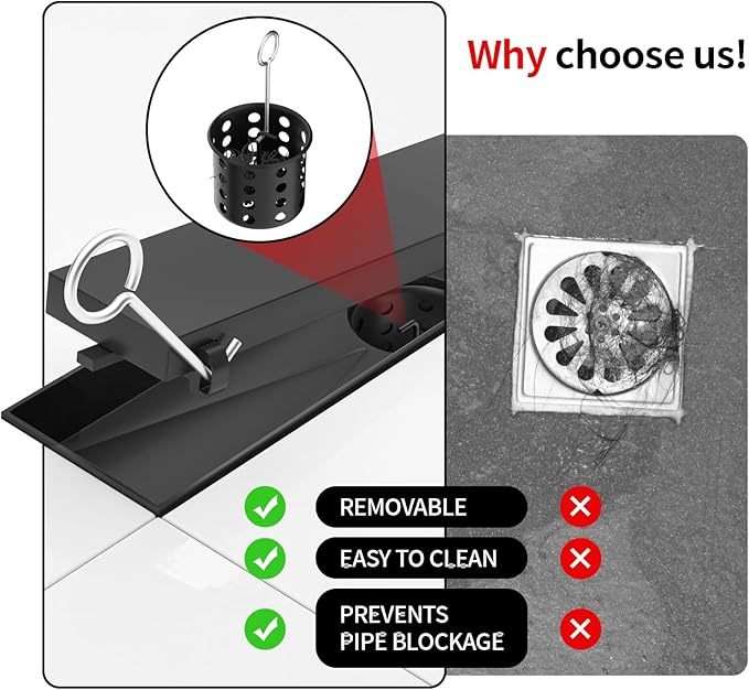 Linear Shower Drain, 304 Stainless Steel with Adjustable Leveling Feet, Hair Strainer,Reversely Install Place to Create an Invisible Floor Drain - Black -48-Inch