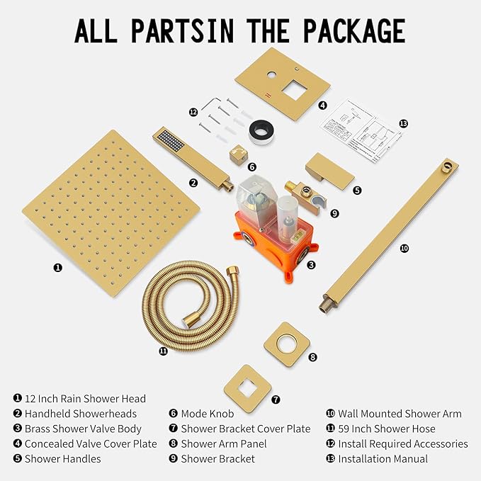 Bathroom Shower Faucet Set，12 Inch Rain Shower Head with Handheld Spray，Brass Shower Valve Trim Kit，Wall Mounted Square Rain Shower System (Brushed Gold)