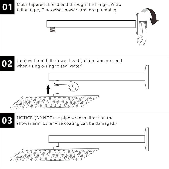 Voolan 15" Round Shower Arm with Flange and Teflon Tape, Extension Shower Head Arm for Bathroom Fixed Shower Head, Solid Stainless Steel, Wall Mounted (Chrome)
