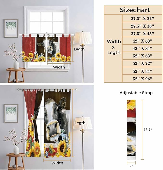 Cows Sunflowers Kitchen Curtains 36 Inch Length, Small Window Curtains Tab Top - Image 8