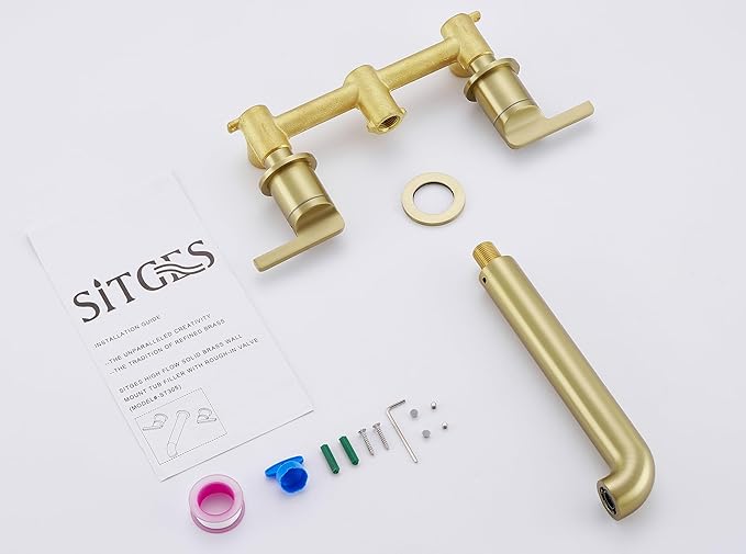 SITGES Solid Brass Wall Mount Tub Filler,10" Long Spout Reach Wall Mount Bathtub Faucet with Two Lever Handles, High-End Design, High Flow Bathtub Faucet Set with Rough-in Valve included, Brushed Gold