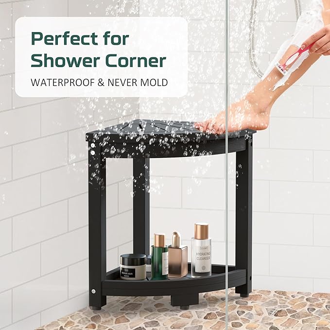 Waterproof Corner Shower Stool for Inside Shower, Poly Lumber Shower Bench Seat Chair, Bath Shower Stool for Shaving Legs Foot Rest with Storage Shelf, Adjustable & Non-Slip Feet, Black