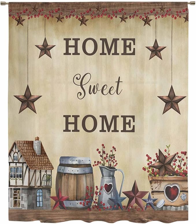 Farm Sheer Curtains 45 Inch Length American Country Barn Star Vintage Berry - Image 6