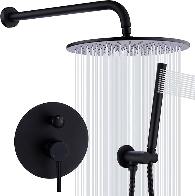 TRUSTMI Matte Black Shower System Wall Mounted Pressure Balance 10-Inch Rainfall Shower Set with Brass Rough-In Diverter Valve and Trim Kit
