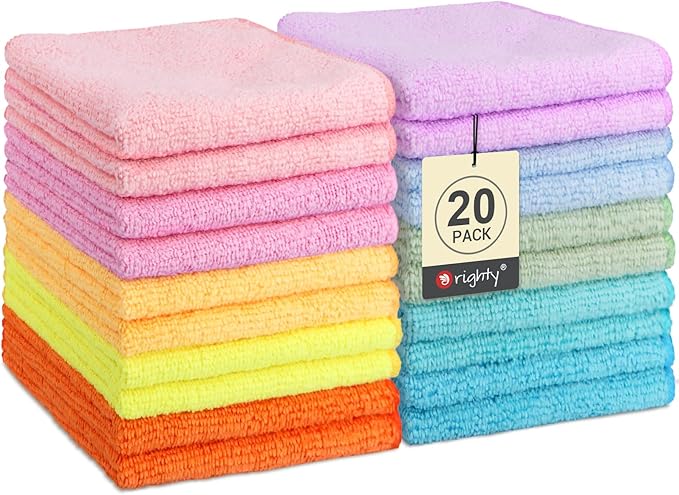 Orighty Washcloths Towels Set 20 Pack, Highly Absorbent and Soft Feel Microfiber Face Cloths, Multi-Purpose Wash Cloths & Hand Towels for Bathroom, Hotel, Spa, and Gym, 11.5x11.5 Inch, Multicolor