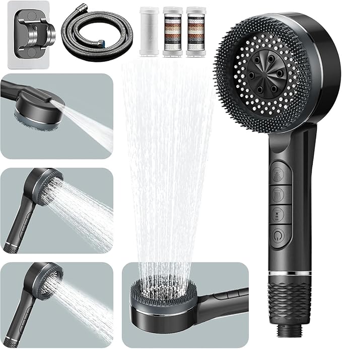 Filtered Shower Head with Handheld, Multi-Mode High Pressure Shower Heads with 60 Inch Shower Hose, Hard Water Filtered Showerhead with ON/OFF Switch to Clean Corner, Tub and Pets, Dark Gray