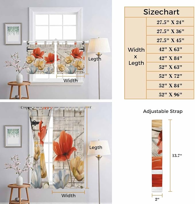 Retro Floral Kitchen Curtains 45 Inch Length, Short Cafe Window Curtains Tab Top - Image 8