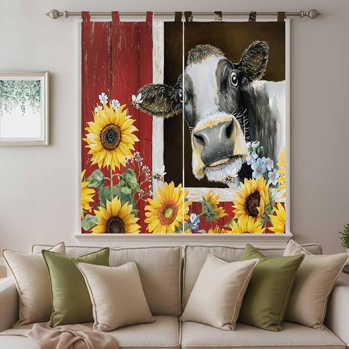 Cows Sunflowers Bathroom Curtains 63 Inch Length, Window Curtains Tab Top - Image 9