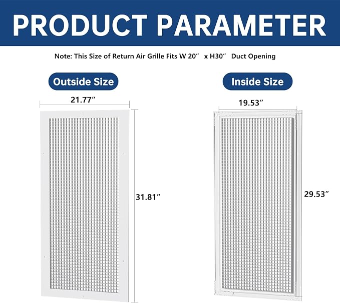 Return Air Grille Fits 20'' x 30'' Duct Opening, Aluminum Eggcrate Return - Image 3