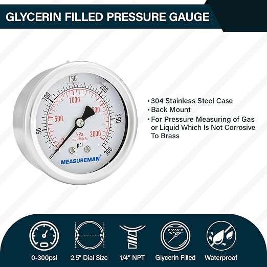 MEASUREMAN 2-1/2 inch Dial Size, Liquid Filled Pressure Gauge, 0-300psi/2000kpa - Image 2