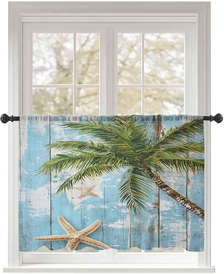 Sheer Curtains 54 Inch Length, Coastal Beach Blue Semi Sheer Curtains Light by Unknown