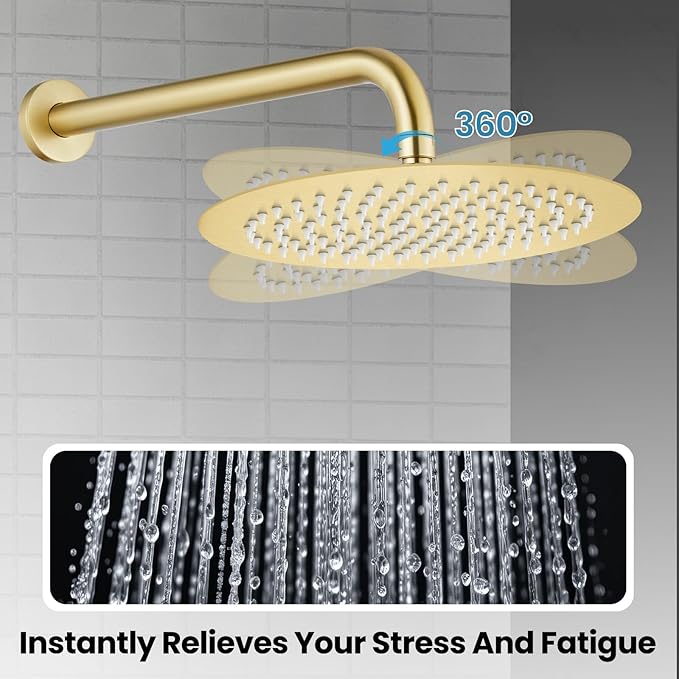 Airuida Shower Fixtures 2 Functions Shower Faucet Set Wall Mounted for Bathroom High Pressure Brass Handheld Shower with Rough-in Valve Round Rainfall 10 Inch Shower Head Brushed Gold