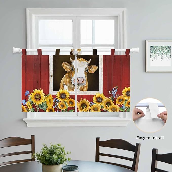 Cows Sunflowers Kitchen Curtains 24 Inch Length, Small Window Curtains Tab Top - Image 4